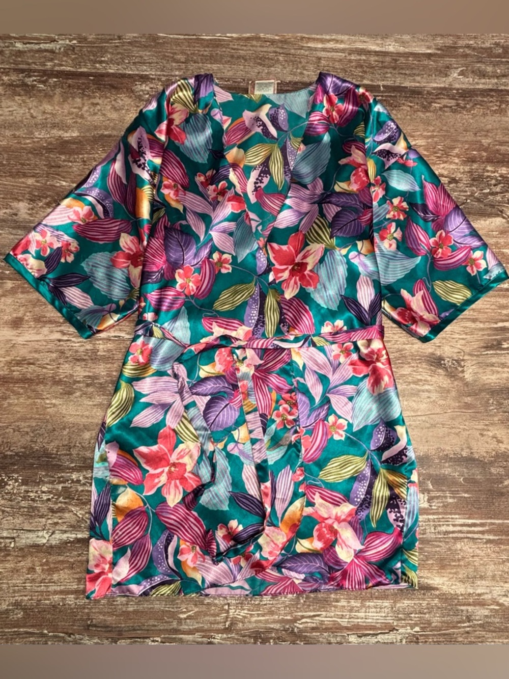 Angelique Vintage! Kimono Style Satin Nightgown Sexy Tropical Floral Wrap Medium